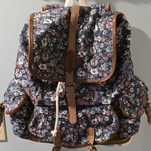 Vintage Mudd Floral Canvas Backpack with Faux Leather Trim - Navy Floral